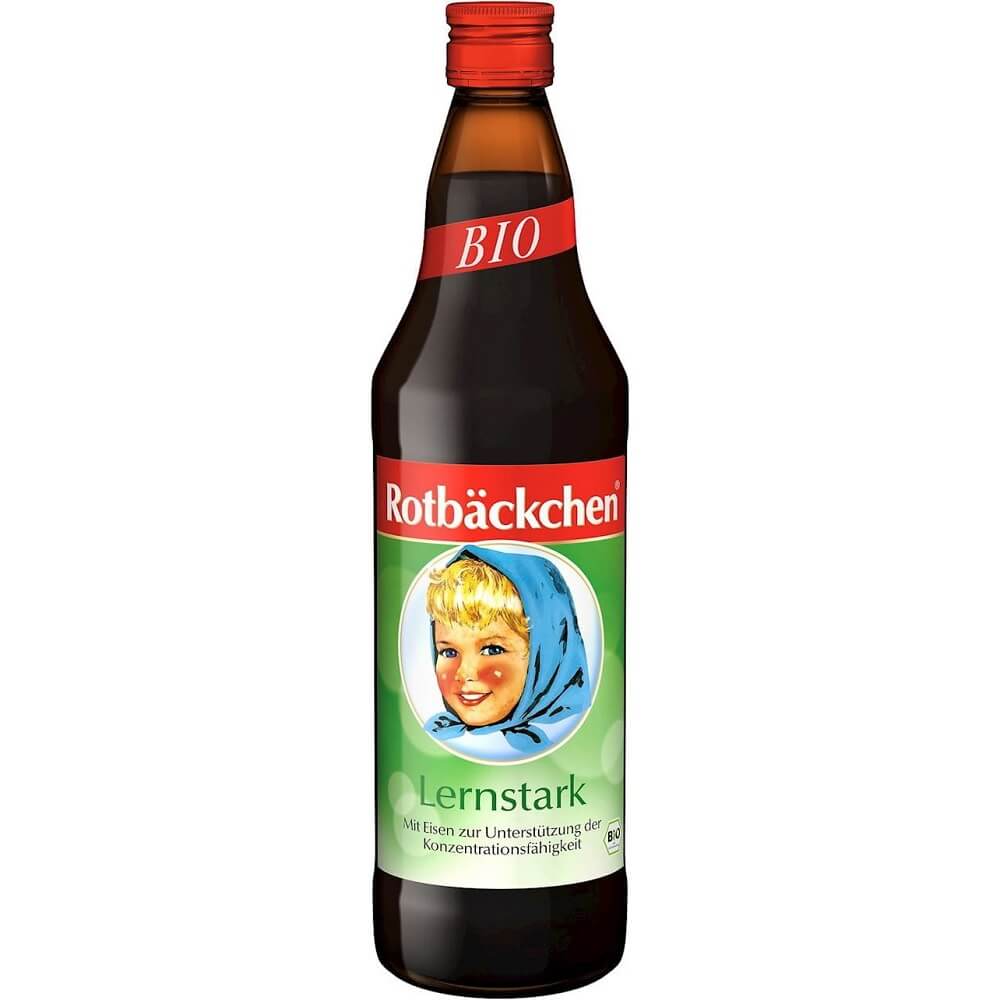 Mehrfruchtsaft mit Pflanzenextrakt BIO von ROTBACKCHEN in 750 ml Flasche, sichtbarer Frucht- und Pflanzenextrakt im Glas