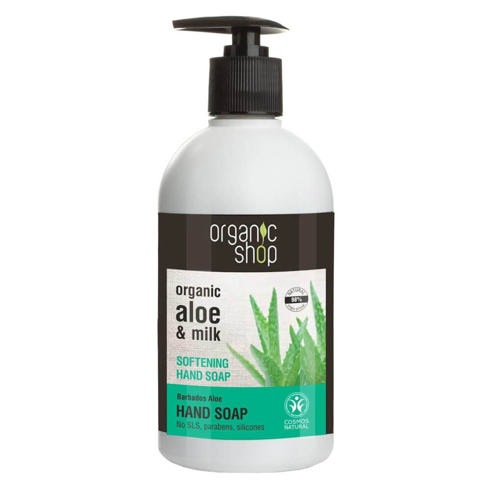 Weiche, flüssige Handseife von ORGANIC SHOP mit Barbados Aloe, 500 ml, zeigt die seifenreiche, feuchtigkeitsspendende Textur.