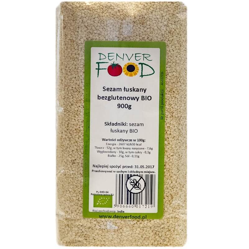 Glatter, glutenfreier Bio Sesam von Denver Food in 900g Packung, sichtbare Sesamkörner auf weißem Hintergrund
