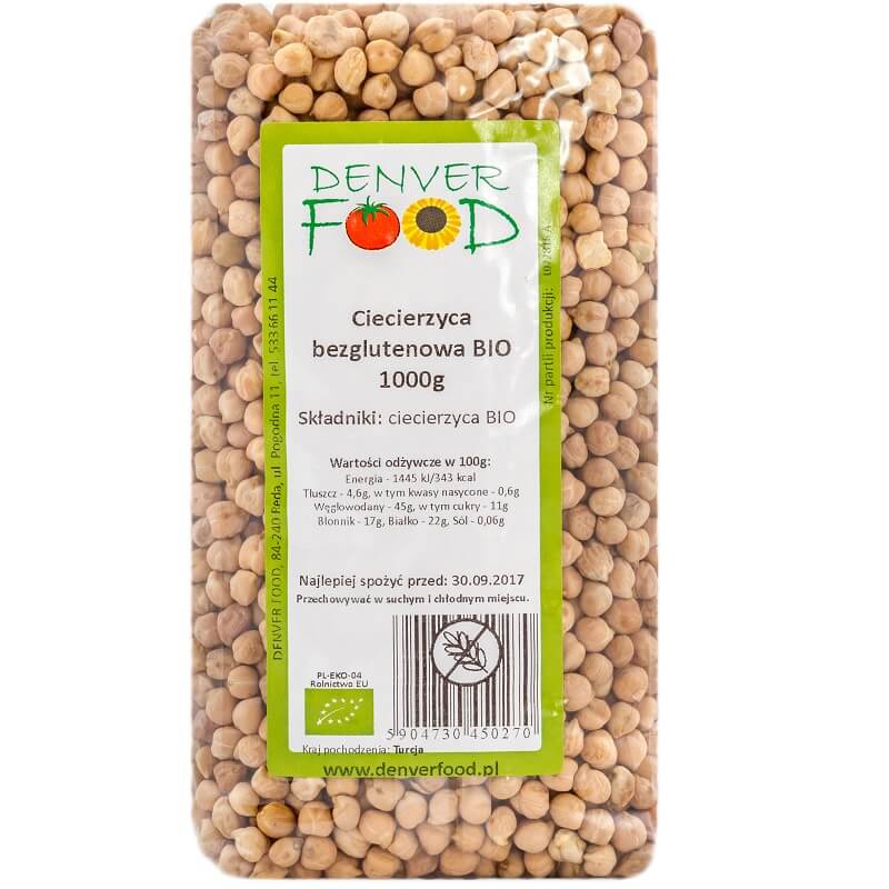 Glutenfreie Bio-Kichererbsen von DENVER FOOD, 1000g Packung, frische Hülsenfrüchte in einer transparenten Verpackung.