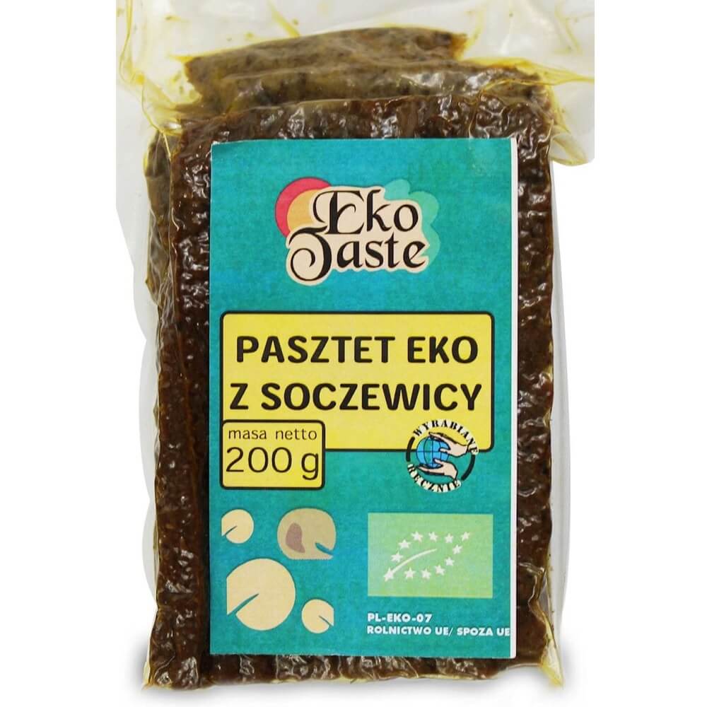 Bio-Linsenpastete von EKO TASTE in 200 g Verpackung, cremige vegetarische Pastete mit grünem Linsengeschmack.