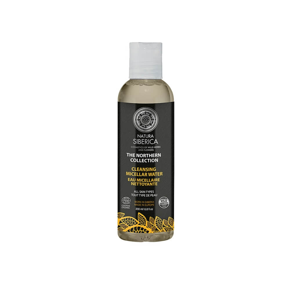 Reinigendes Mizellenwasser von NATURA SIBERICA in 200 ml Flasche, entfernt Make-up und Schmutz, für reine Haut.