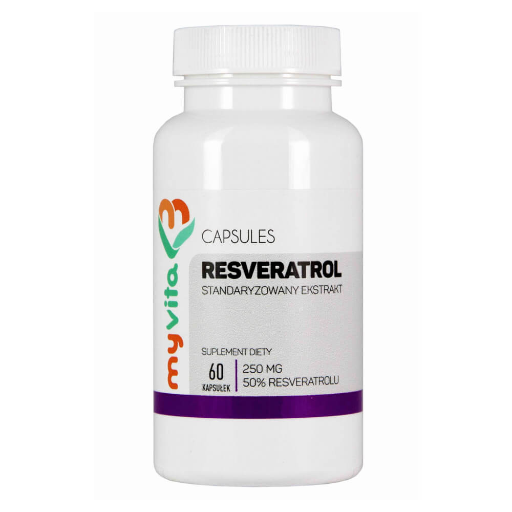 Standardisierter Resveratrol-Extrakt von MYVITA, 250mg in 60 Tabletten, sichtbare Verpackung und Tabletten.