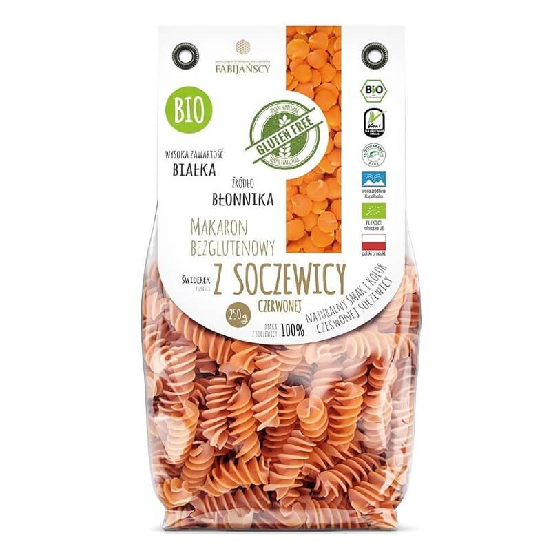 Rote Linsen Fusilli Nudeln von FABIJAŃSCY, glutenfrei, Bio, 250 g, trockene Pasta in Packung