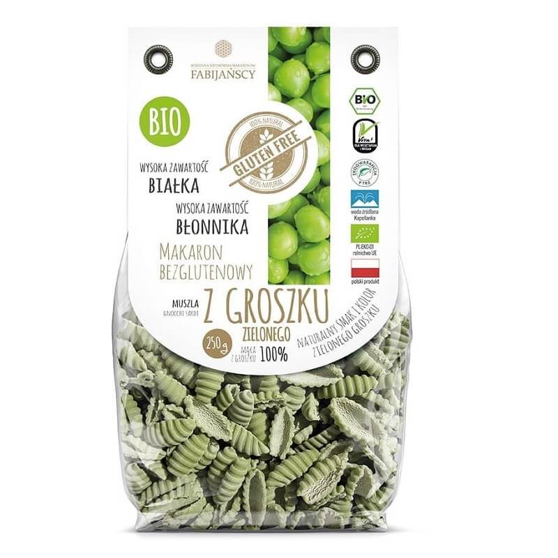 Grüne Erbsen Pasta Gnocchi Sardi von FABIJAŃSCY, glutenfrei und biologisch, in einer Schale, 250g.