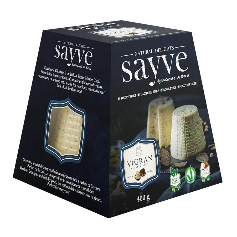 Veganer SAYVE Kichererbsen- und Trüffel-Produkt, laktosefrei, glutenfrei, BIO, 400 g, im Glas, cremige Konsistenz.