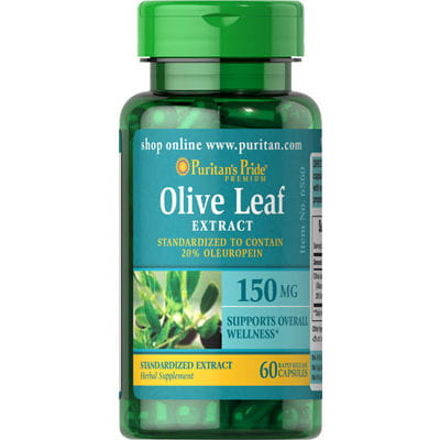 PURITAN'S PRIDE Olivenblattextrakt 150 mg in 60 Kapseln, Nahaufnahme der Kapseln und Verpackung