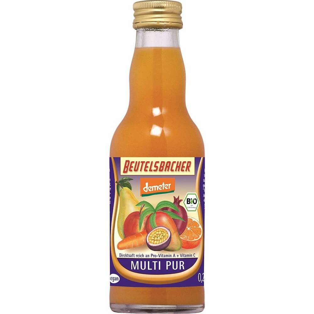 Bio Mehrfruchtsaft mit Karottensaft von Beutelsbacher, 200 ml, frischer Multivitamin-Getränk in Beutel.