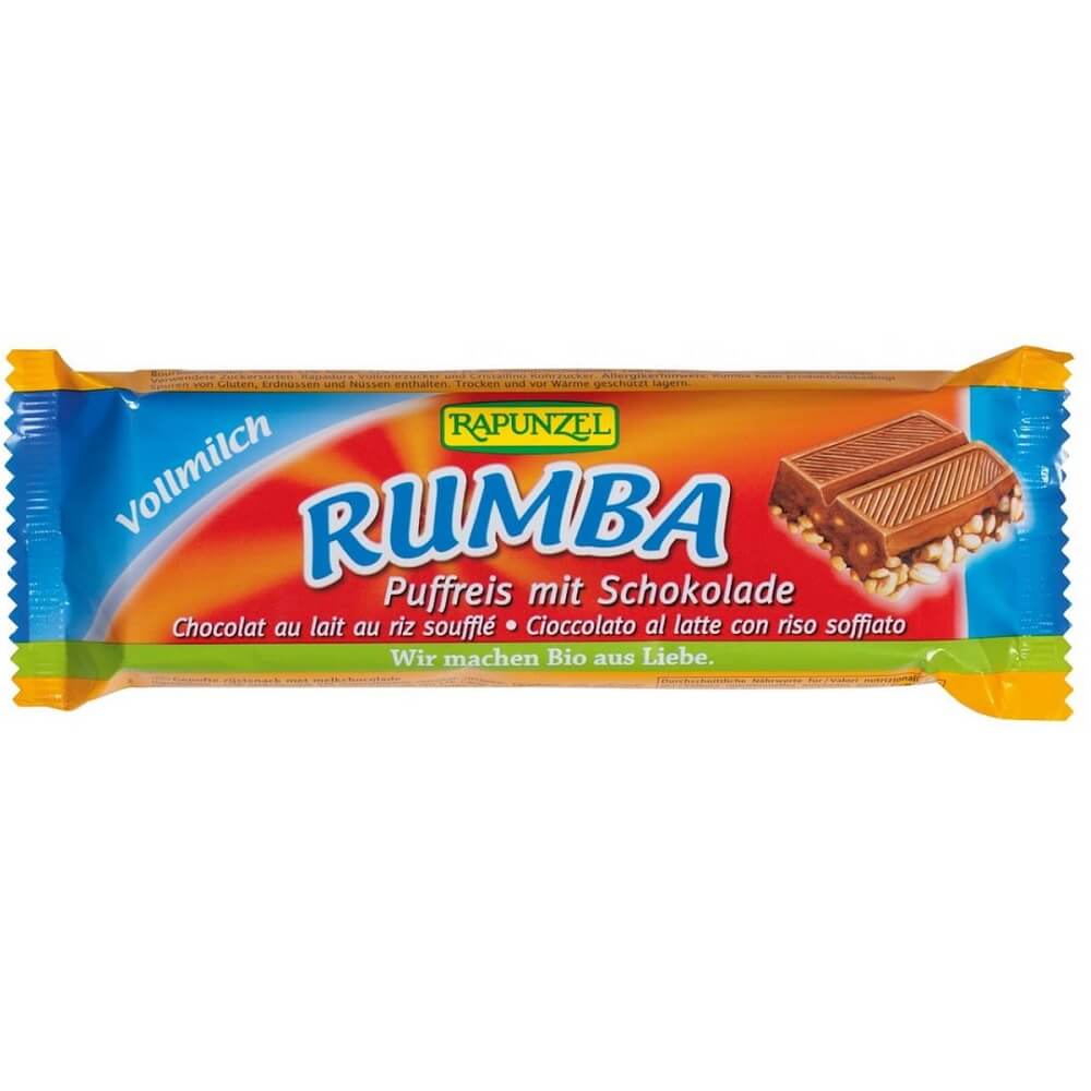 Bio Rumba Riegel mit Milchschokolade und Reis, 50 g, von RAPUNZEL, zeigt den Schokoriegel mit Reisbuffet und Milchschokolade.
