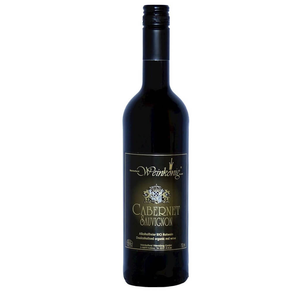 Roter alkoholfreier Cabernet Sauvignon BIO-Wein von WEINKOENIG in 750 ml Flasche, trockener Bio-Wein, Blick auf die Flasche