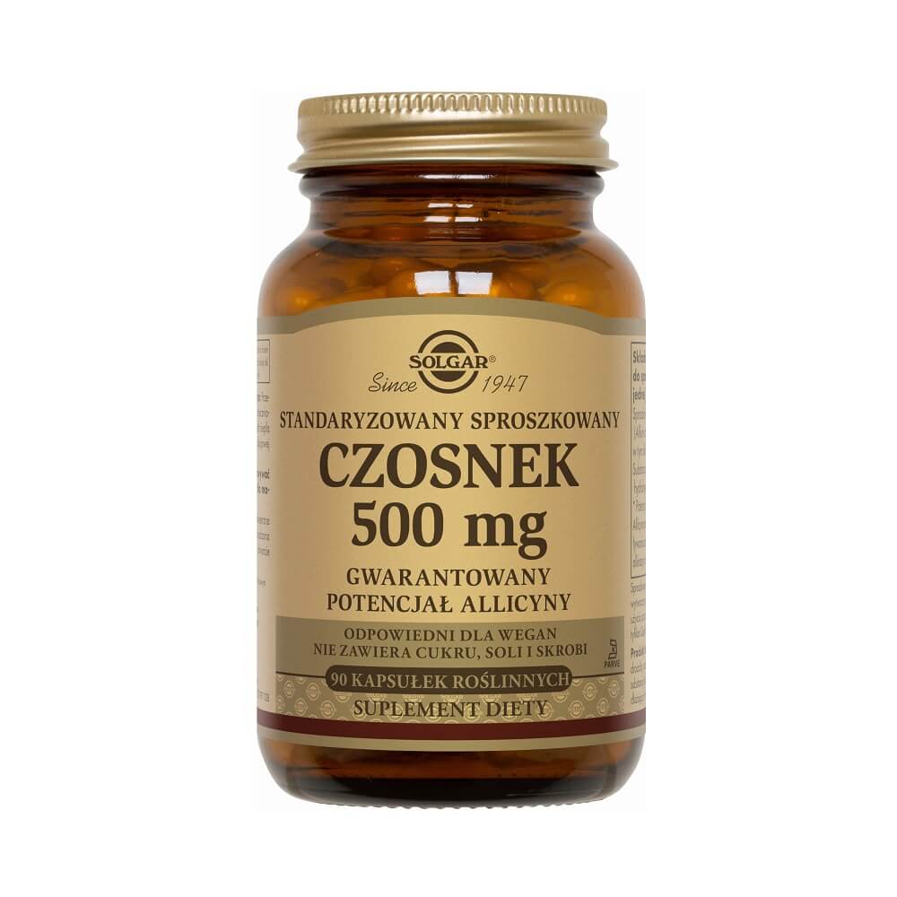 Standardisierte Knoblauchkapseln von SOLGAR, 90 Stück, mit garantiertem Allicin-Gehalt von 500 mg pro Kapsel.
