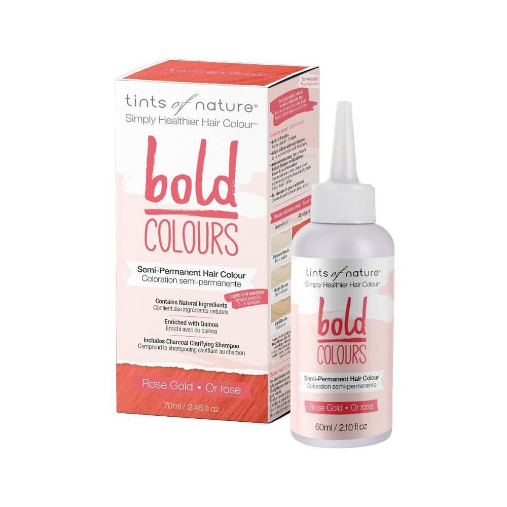Semi-permanente Haarfarbe in kräftigem Roségold von TINTS OF NATURE, zeigt leuchtende, schimmernde Haarfarbe in natürlichem Licht.