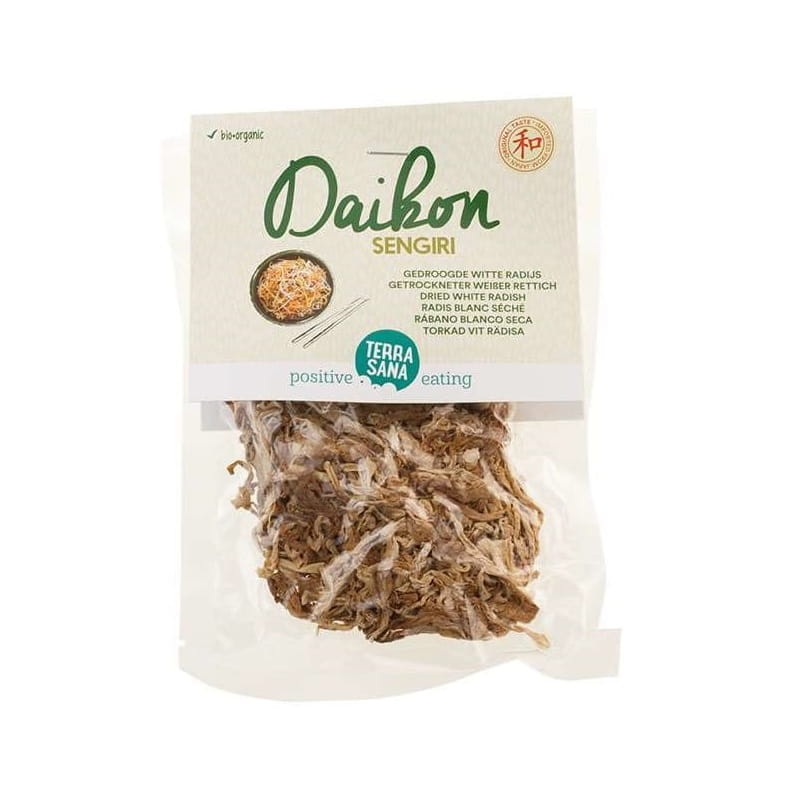 Getrockneter japanischer Rettich Sengiri Daikon aus biologischem Anbau, 50 g, von TERRASANA, zeigt getrocknete, dünne Rettichscheiben