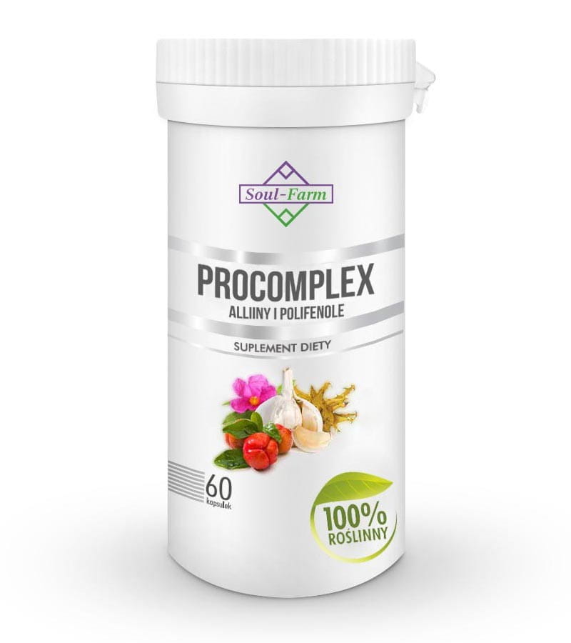 Prokomplex Alliine und Polyphenole 540 mg Kapseln von SOUL FARM, 60 Stück, Nahaufnahme der Kapseln in einer Dose