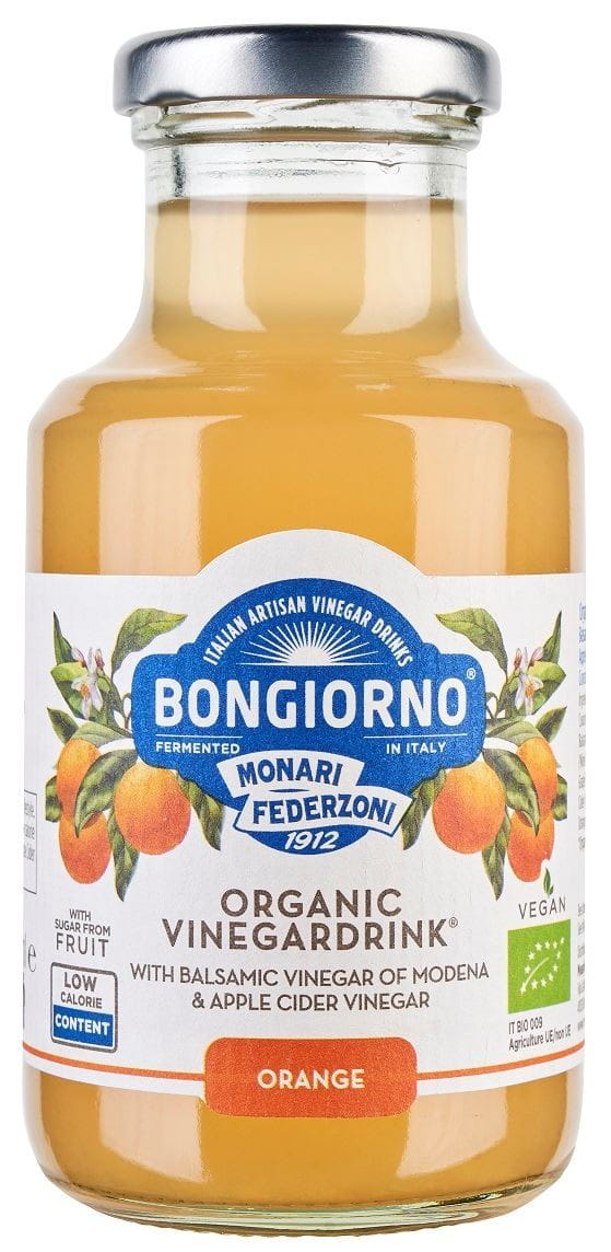 Bio-Orangensaft mit Balsamico-Essig aus Modena von Bongiorno in einer 250 ml Flasche, frisch und aromatisch.