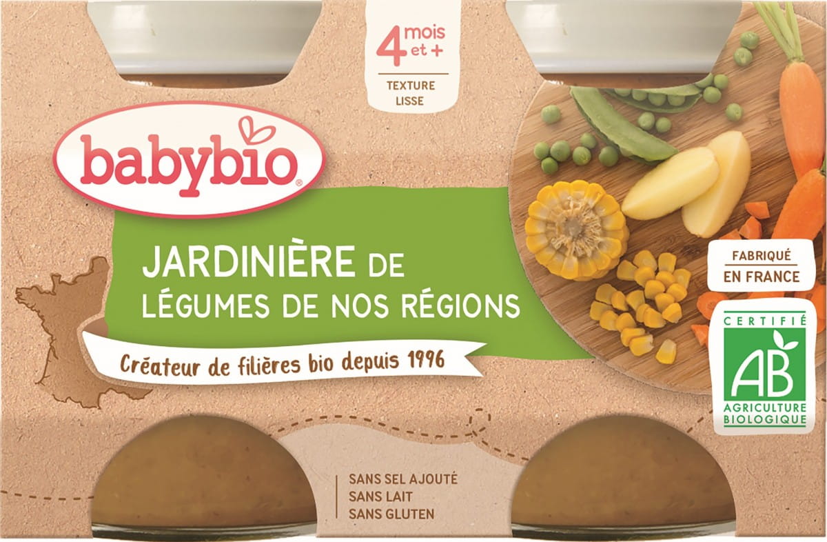 Bio Gartengemüsepüree für Babys ab 4 Monaten, glutenfrei, 2x130 g von BABYBIO, zeigt das Gläschen mit buntem Gemüse.