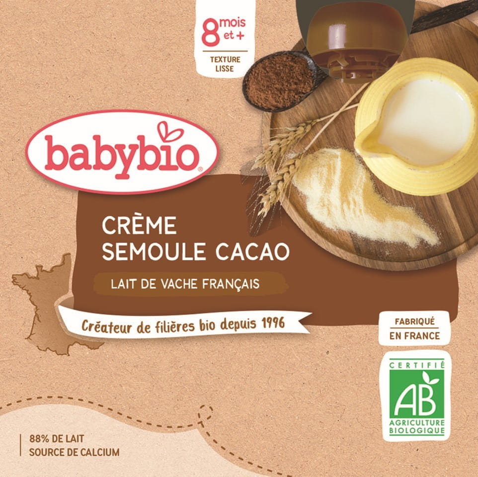 Milchdessert mit Kakaogrieß für Babys ab 8 Monaten, BIO von BABYBIO, 4x85 g, cremiges Kakaogetränk für Kleinkinder