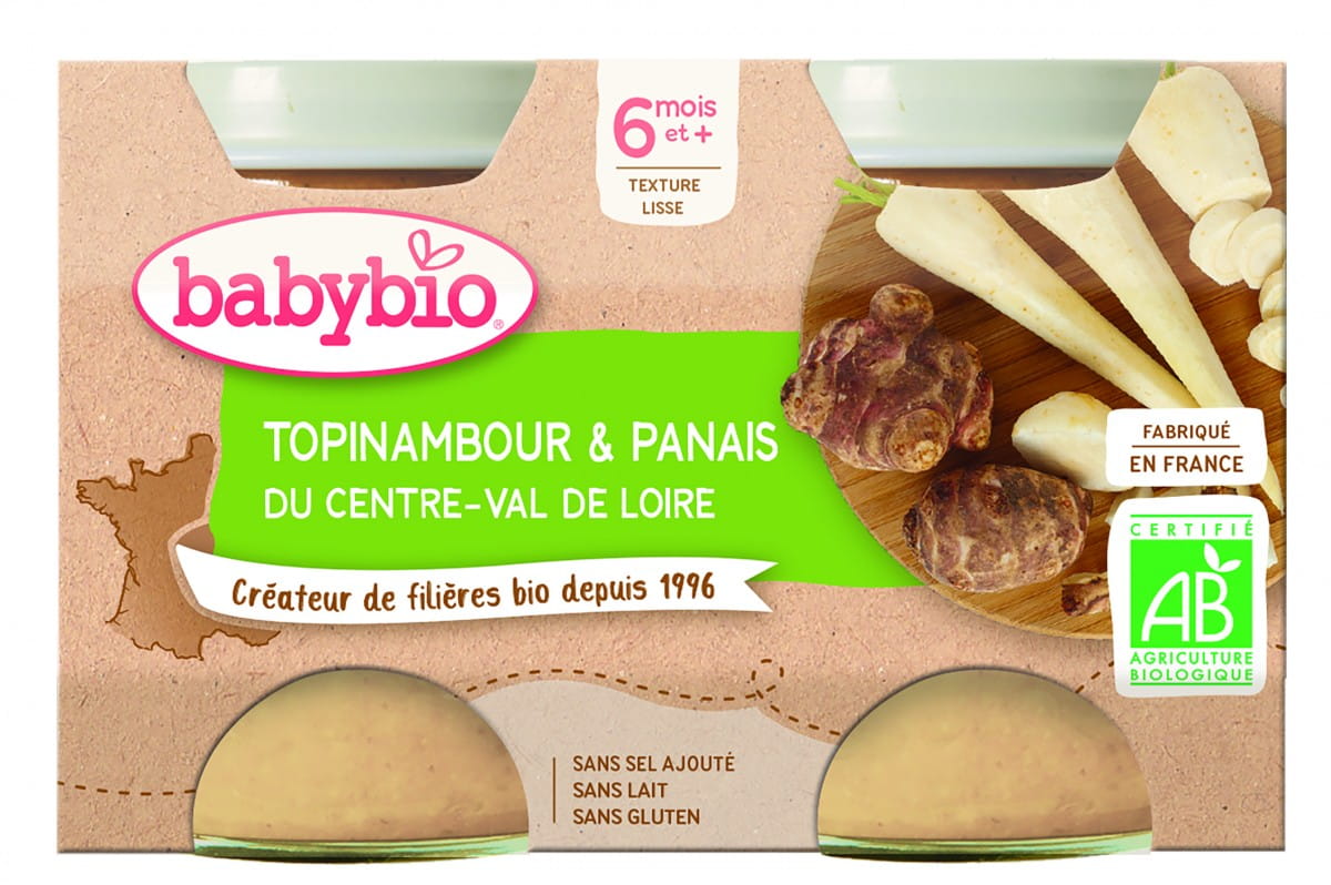 Baby-Topinambur-Pastinaken-Püree von BABYBIO, glutenfrei, biologisch, ab 6 Monaten, in 2x130 g Packung, cremige Textur