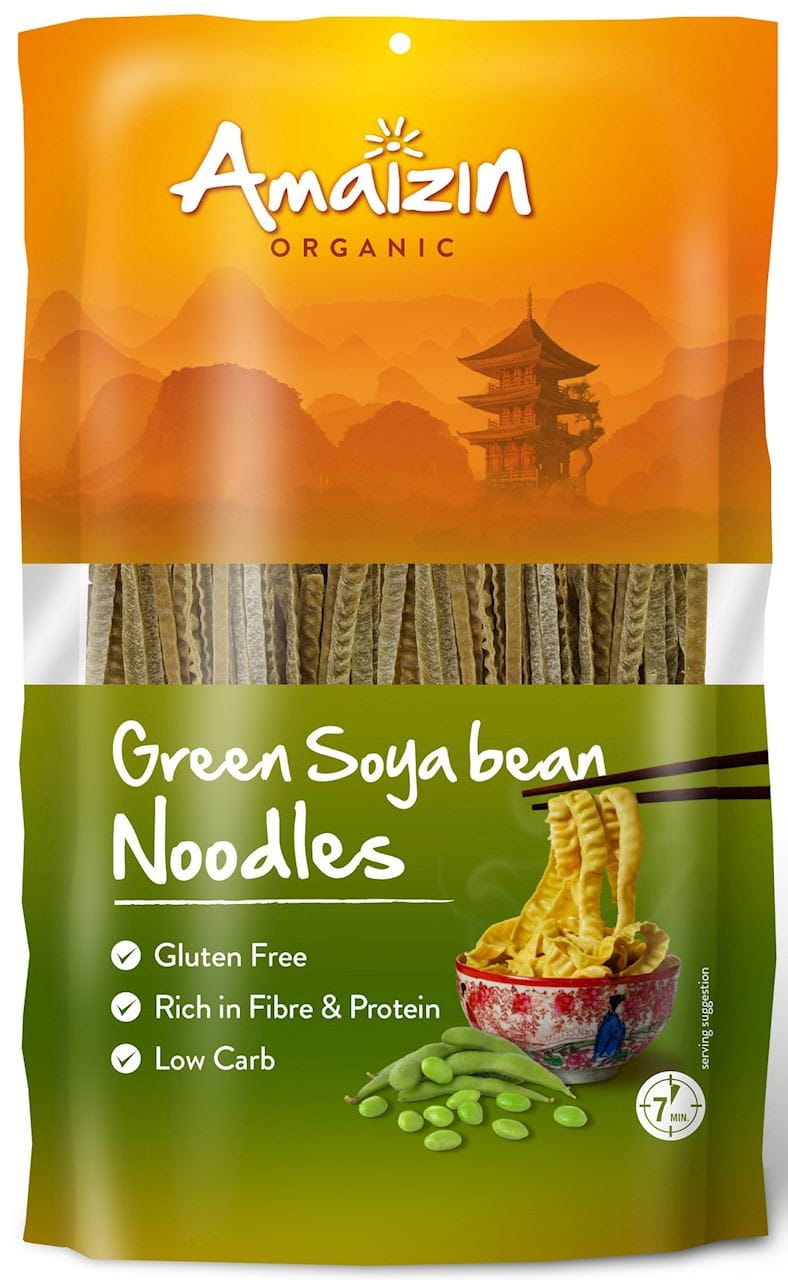 Bio glutenfreie Nudeln aus grünen Sojabohnen von AMAIZIN, 200 g, roh und ungekocht, detailreiche Nahaufnahme