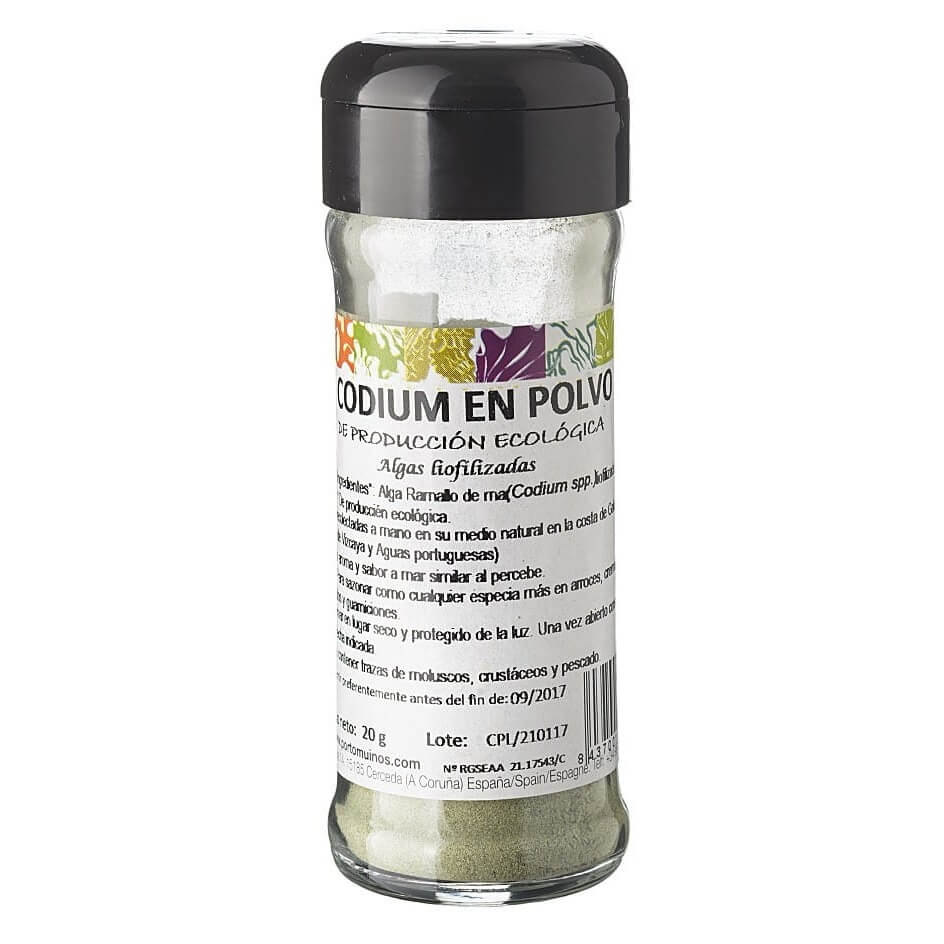 Lyophilisiertes Bio-Algenpulver von PORTO MUINOS, 20 g, feines grünes Pulver in einer Packung sichtbar