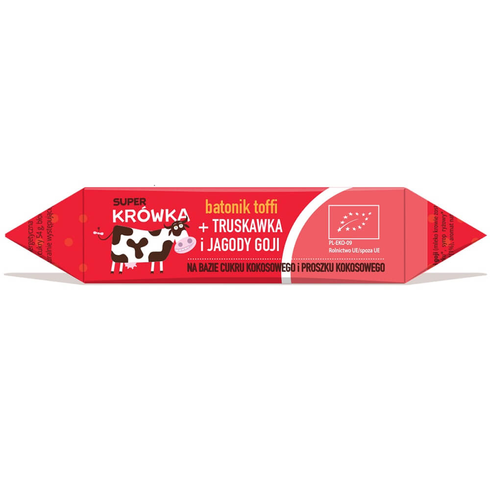 Bio Toffee-Riegel mit Erdbeeren und Goji-Beeren, glutenfrei, 30 g, von MEGUSTO, super Fudge, sichtbarer Riegel mit Beeren.