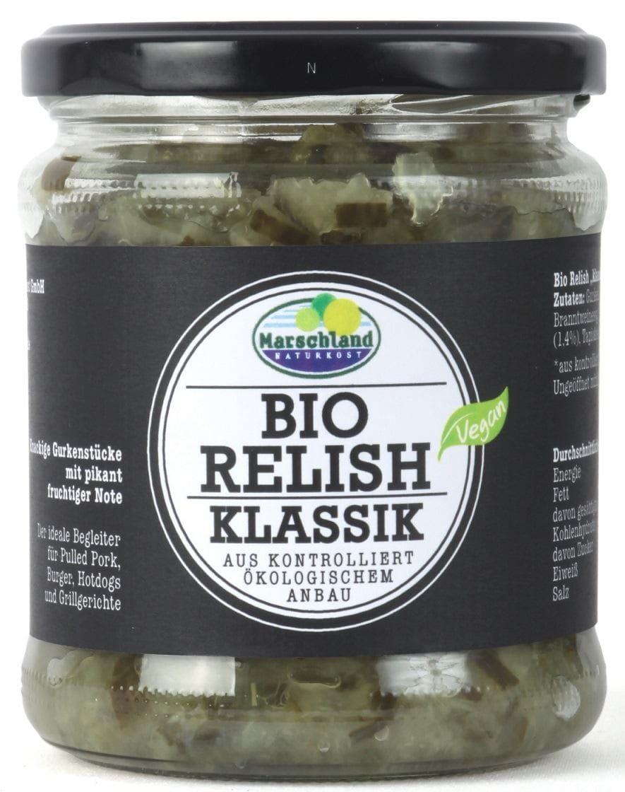 Bio Relish-Salat mit Gurken, Paprika und Zwiebeln in einer 325 g Schale von MARSCHLAND NATURKOST