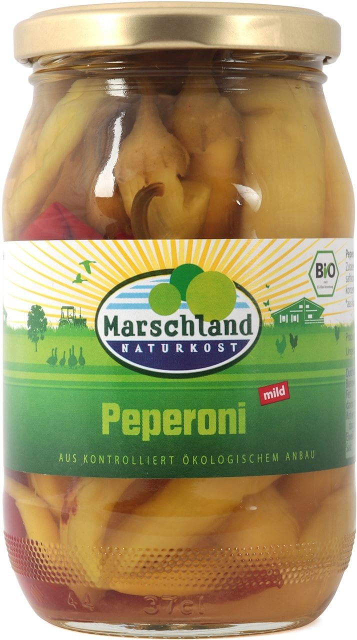 Bio Peperoni in Salzlake von MARSCHLAND NATURKOST, frisch und saftig, in 320 g Packung sichtbar