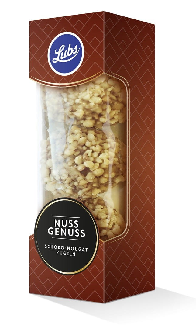 Bio glutenfreie Nougatpralinen mit Milchschokolade und Haselnüssen, LUBS, 3 x 15 g, detailreiche Nahaufnahme