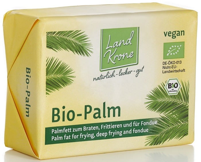 Bio Palmfett zum Braten von LANDKRONE, 250 g, flüssiges, goldfarbenes Pflanzenfett in einer offenen Packung