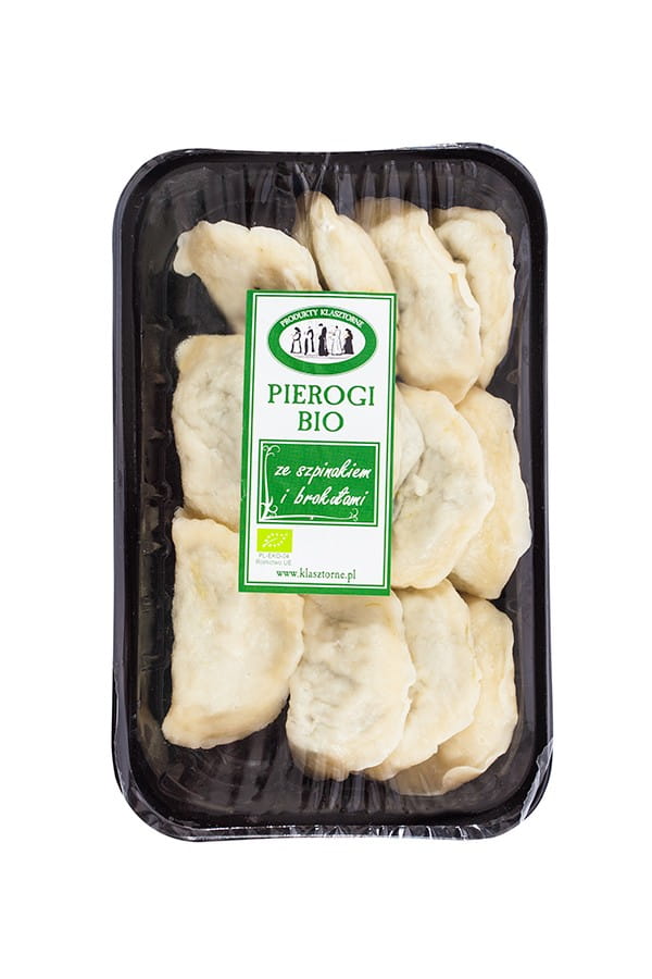 Knödel mit Spinat und Brokkoli, BIO, 400 g, von PRODUKTY KLASZTORNE, frisch und vegetarisch, auf einem Teller serviert