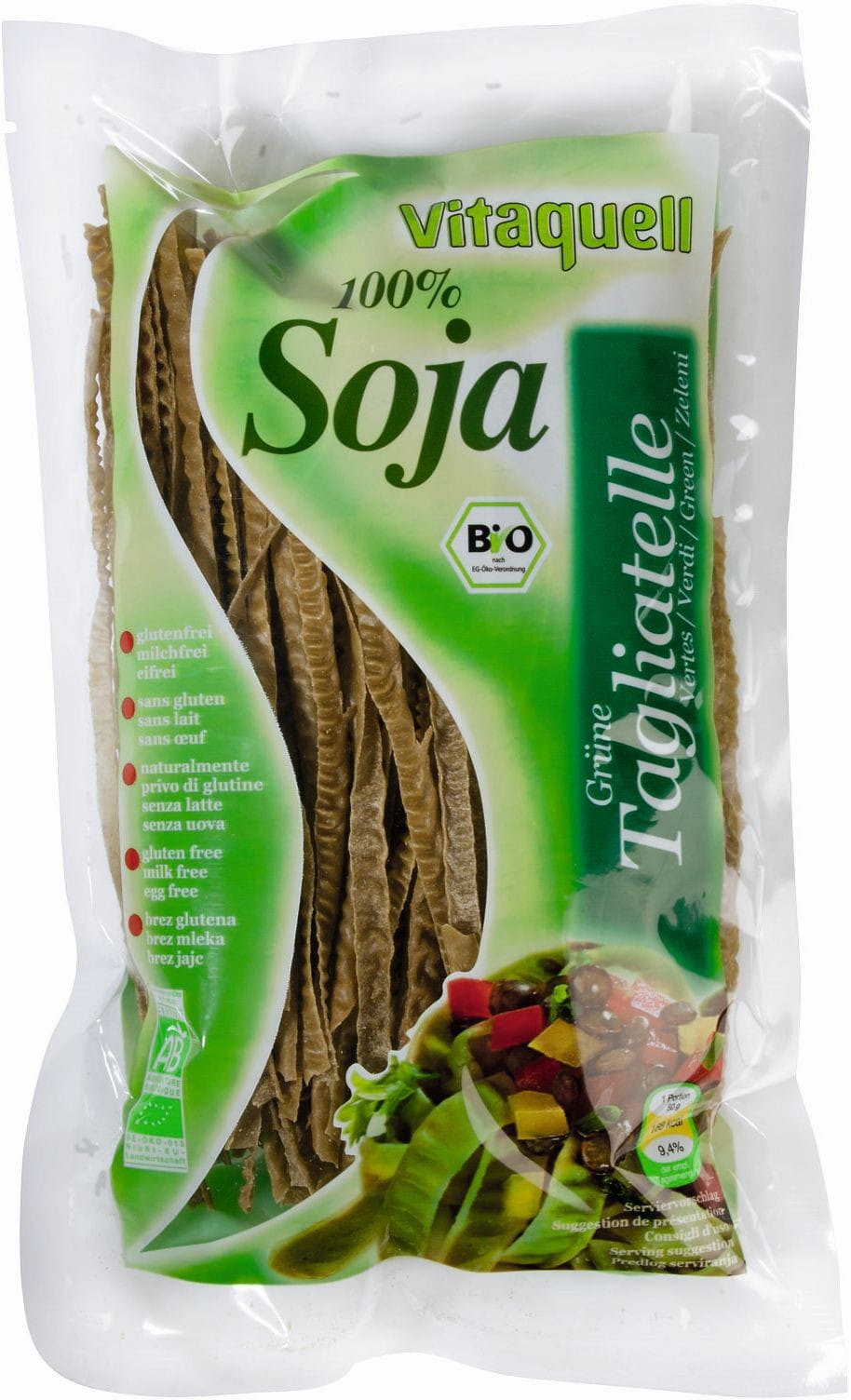 Bio Tagliatelle aus Sojabohnen, VITAQUELL, 200 g, frische, trockene Sojanudeln für vegetarische Gerichte.