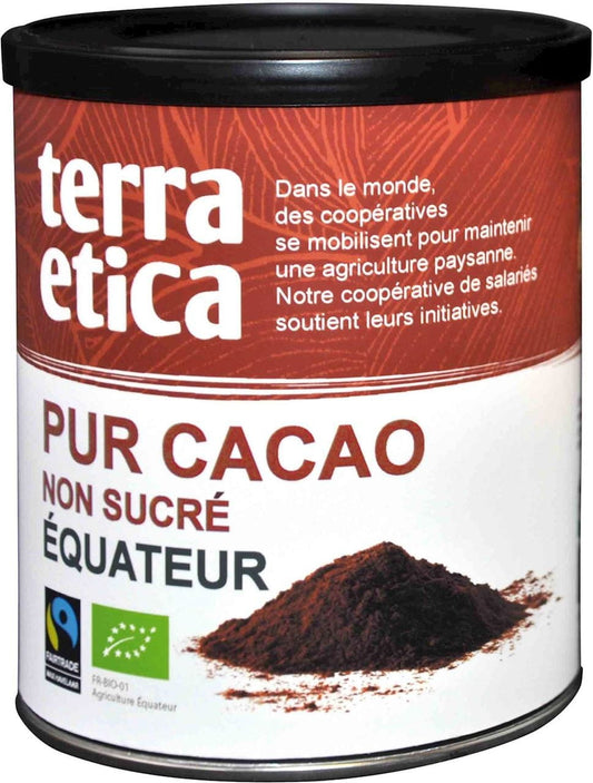 Bio fairer Handel Kakao von TERRA ETICA in 200 g Packung mit dunkler Schokolade und Kakaobohnen.