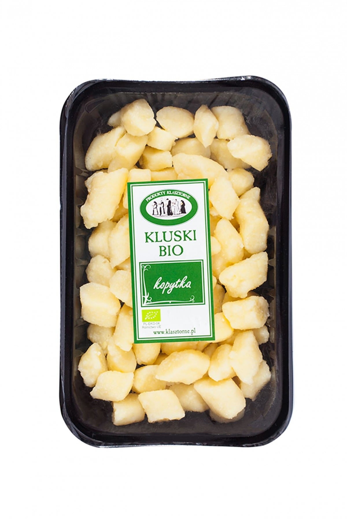 Bio Kopytka von PRODUKTY KLASZTORNE, 400 g, frische polnische Kartoffelklöße auf einem Teller.