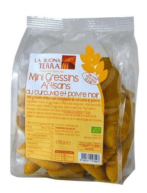Bio Mini-Grissini mit Kurkuma und Pfeffer von LA BUONA TERRA, knusprige Stäbchen in 150 g Packung
