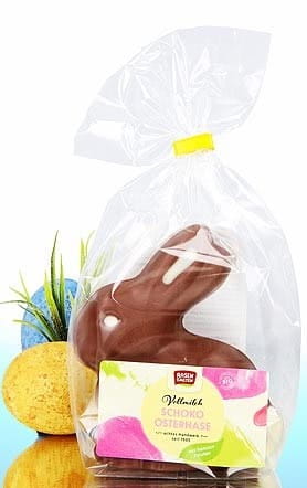 Milchschokoladen-Osterhase mit Dekoration, BIO, 60 g, von ROSENGARTEN, detailreiche Schokoladenfigur mit ökologischer Dekoration