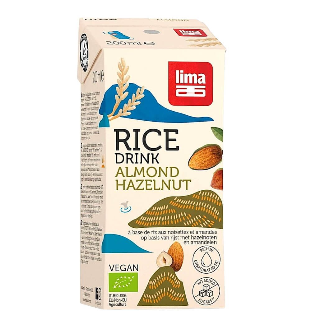 Bio Reisgetränk mit Haselnüssen und Mandeln, ohne Zuckerzusatz, 200 ml, von LIMA, in einer Flasche.