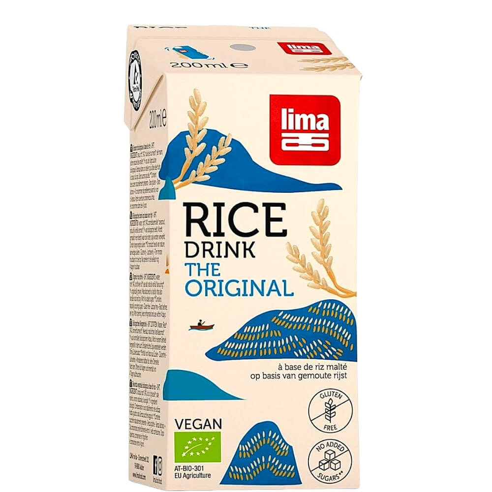 Bio-Reisgetränk ohne Zuckerzusatz von LIMA, glutenfrei, 200 ml, in einer transparenten Flasche.