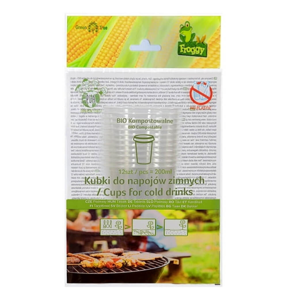 Kompostierbare FROGGY Becher für kalte Getränke, 12 Stück, nachhaltige Einwegbecher aus umweltfreundlichem Material.