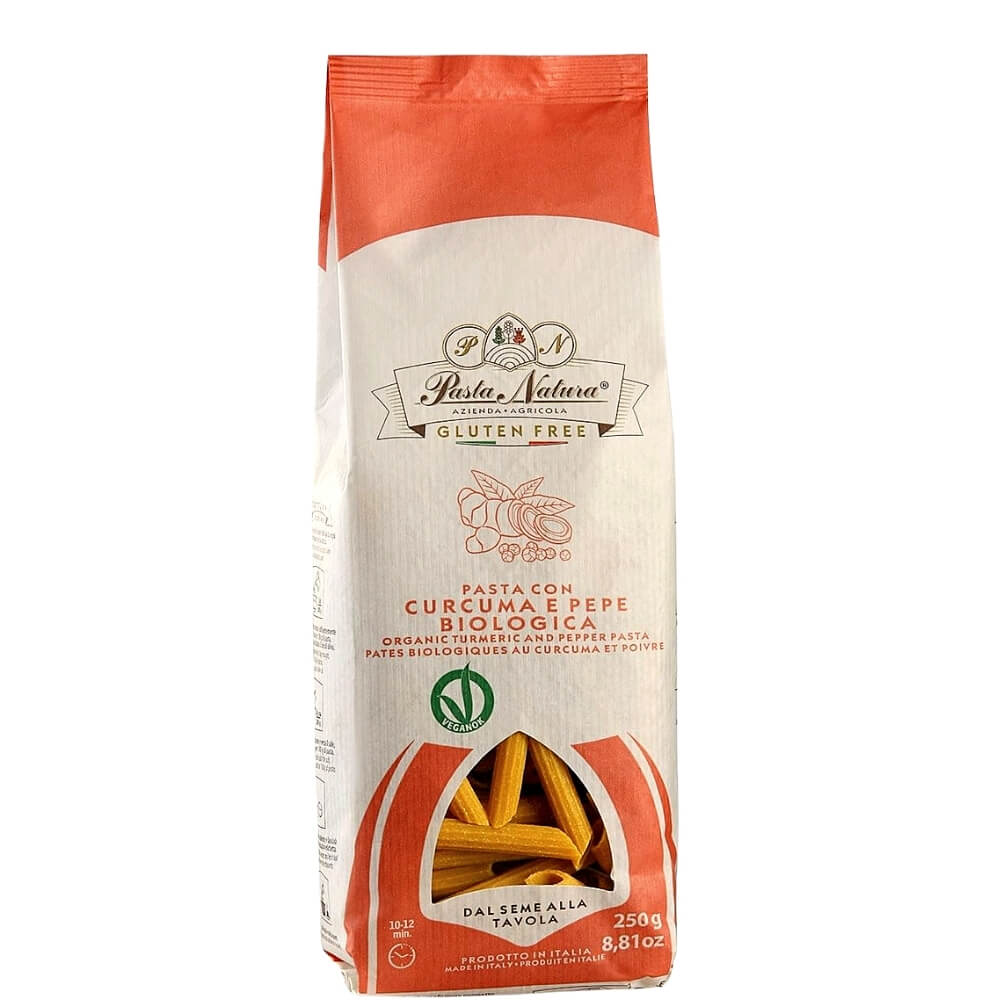 Bio glutenfreie Nudeln aus Mais mit Kurkuma und Pfeffer, Penne-Form, naturbelassen und lecker.