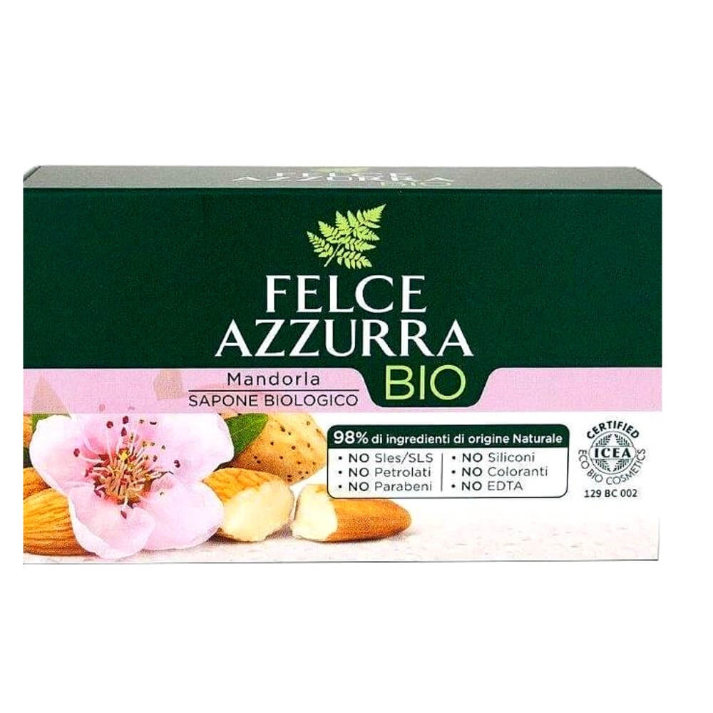 Mandel-Öko-Seifenwürfel von FELCE AZZURRA, 125 g, mit natürlichen Mandelextrakten, sichtbar in der Verpackung.