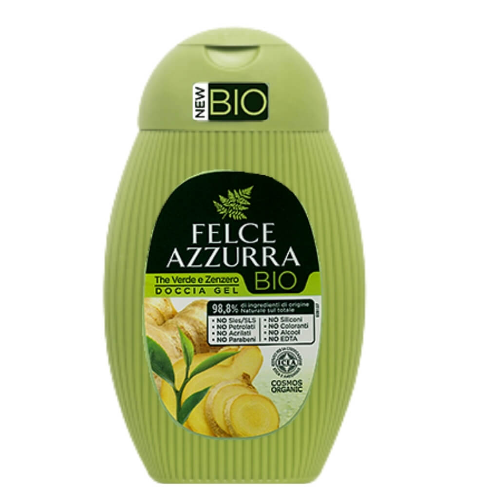 Öko-Duschgel mit grünem Tee und Ingwer von FELCE AZZURRA, 250 ml, Flasche mit grünem Tee und Ingwer Duft.