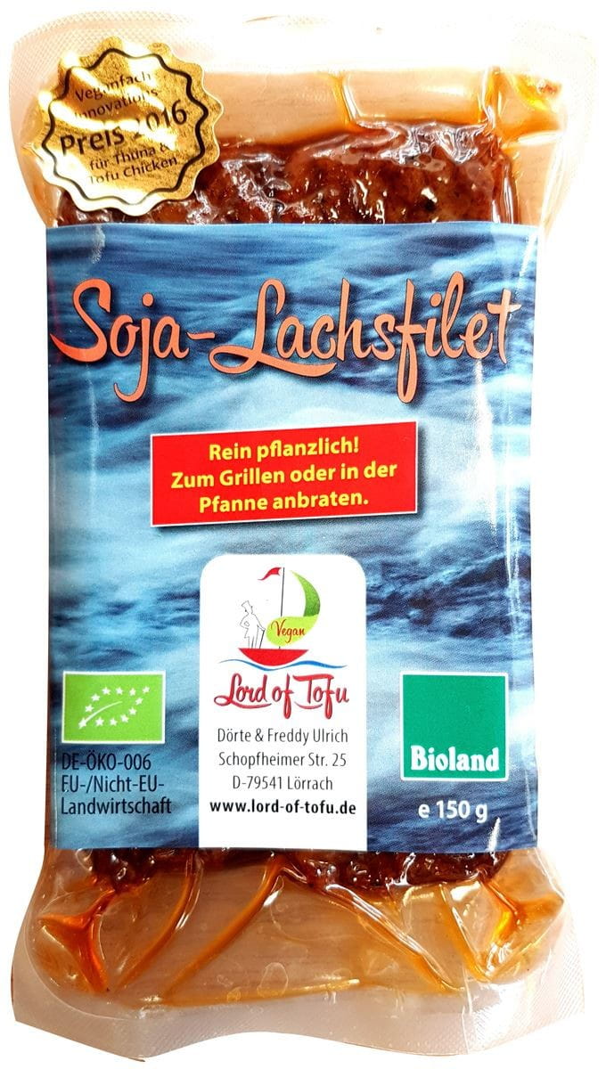 Veganer Lachs mit glutenfreiem Bio-Tofu von LORD OF TOFU, 150 g, auf weißem Hintergrund.