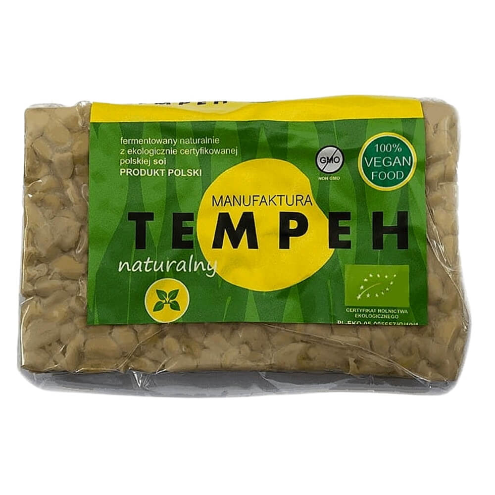 Natürliches Bio-Tempeh von MANUFAKTURA TEMPEH, 200 g, frisch und ungesüßt, sichtbar in der Verpackung.