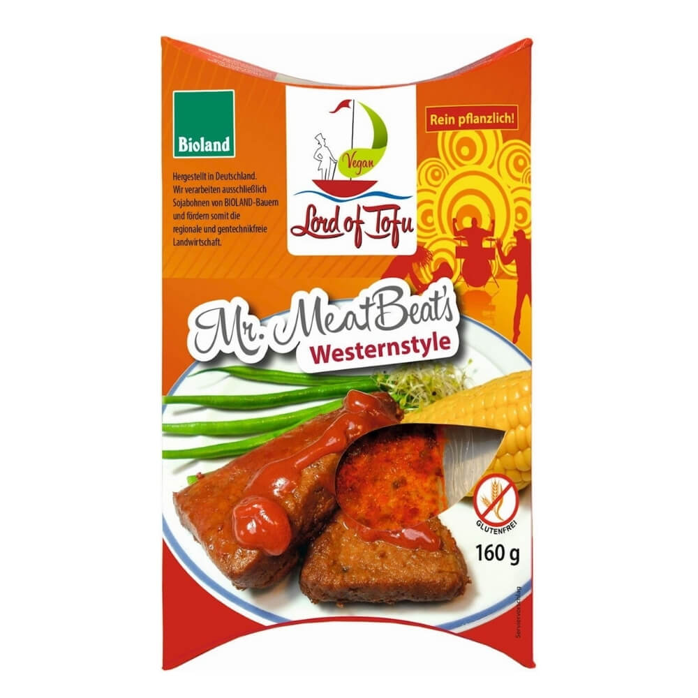Veganes Steak mit glutenfreiem Westernstyle-Tofu von LORD OF TOFU, 170 g, auf einem Teller serviert, frisch und saftig.