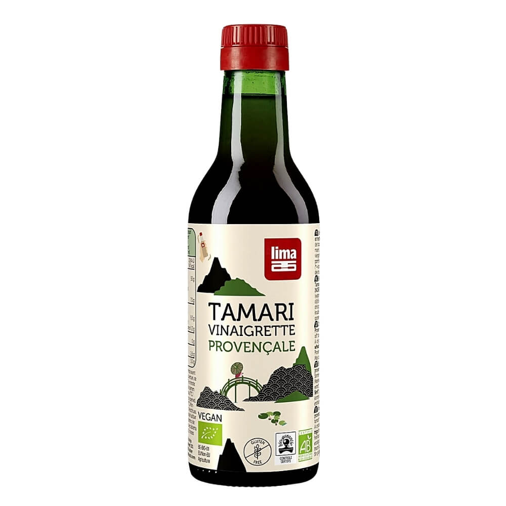 Bio Tamari-Vinaigrette mit provenzalischen Kräutern von LIMA, glutenfrei, 250 ml Flasche auf weißem Hintergrund