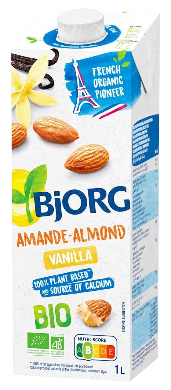 Mandelgetränk mit Vanillegeschmack und Kalzium aus Meeresalgen, Bio, 1000 ml, BJORG, in einer Flasche.