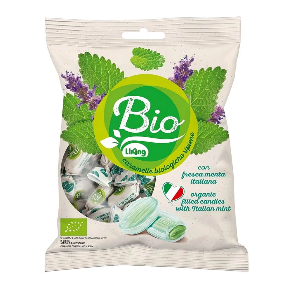 Glutenfreie Minzbonbons von LIKING, BIO, 90 g, süße und erfrischende Bonbons mit Minzgeschmack, im Verpackungspaket sichtbar