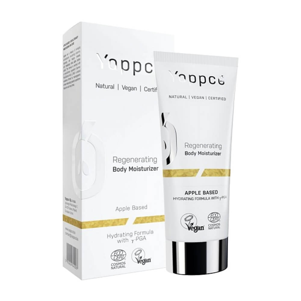 Feuchtigkeitsspendende Körperlotion von YAPPCO, regenerierende Pflege, 200 ml Flasche, zeigt die cremige Textur der Lotion.