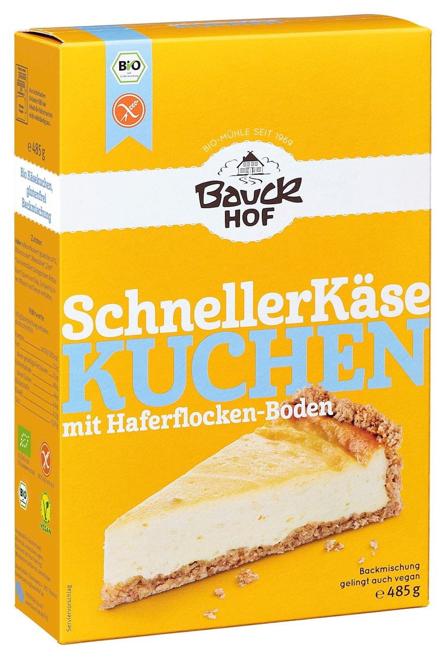 Glutenfreie Käsekuchenmischung von BAUCK HOF, BIO, 485 g, mit zwei Beuteln, für leckeren Käsekuchen.