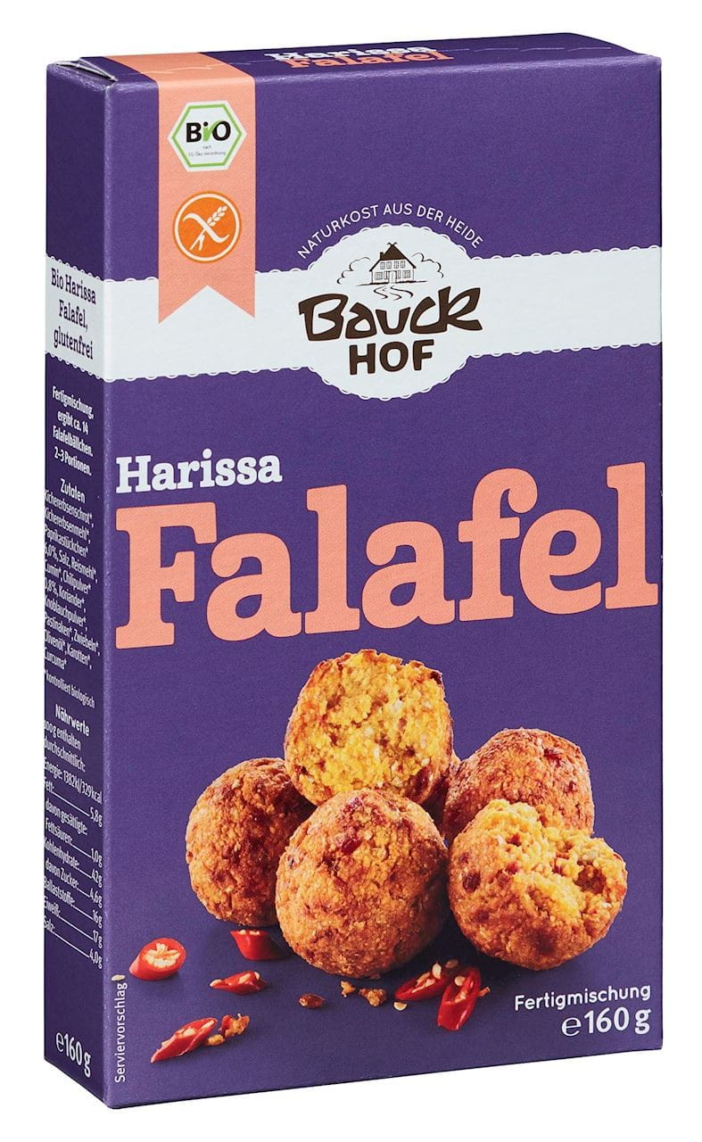 Glutenfreier Falafel-Mix mit Harissa-Gewürz von BAUCK HOF, BIO, 160 g, zeigt den vorbereiteten Falafel-Mix in einer Schüssel.